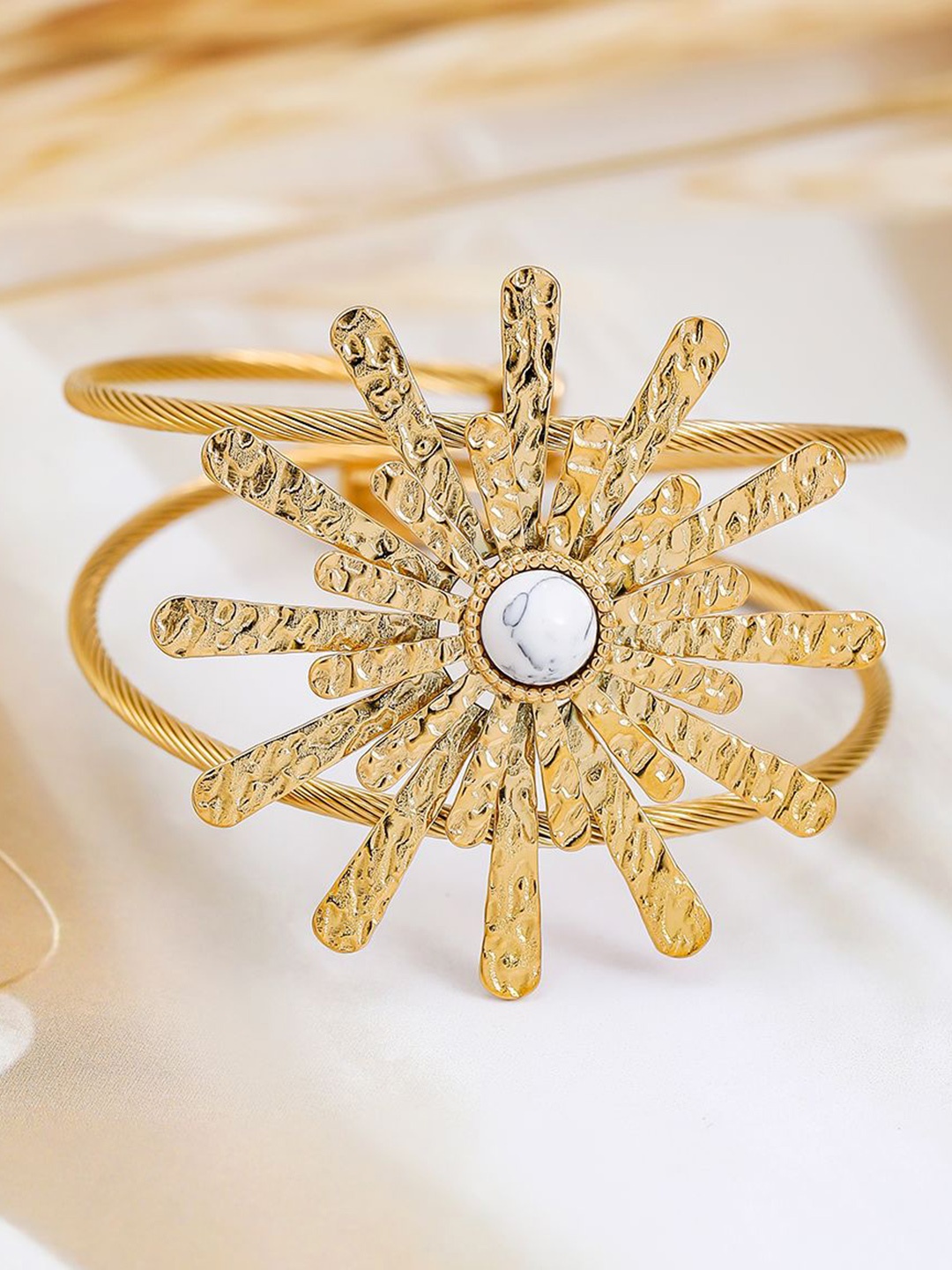 

Rubans 22K Gold-Plated Free Size Sunburst Cuff Bracelet with White Marble Accent
