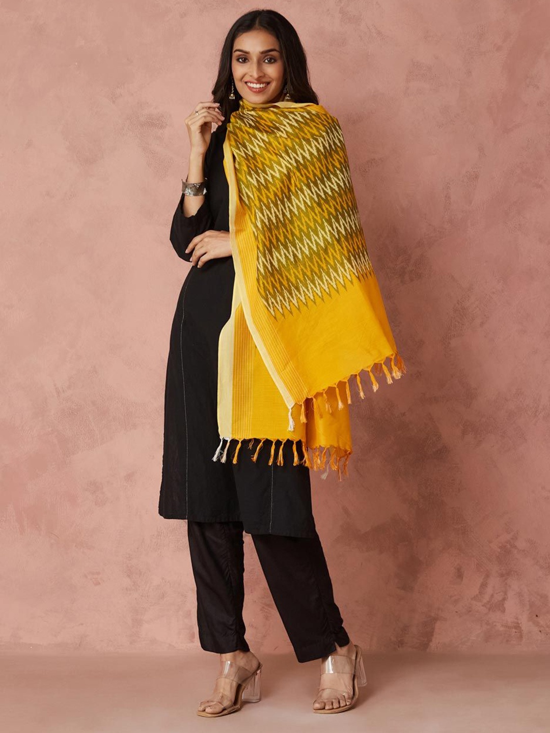 

Fabindia Women Cotton Printed Stole, Yellow