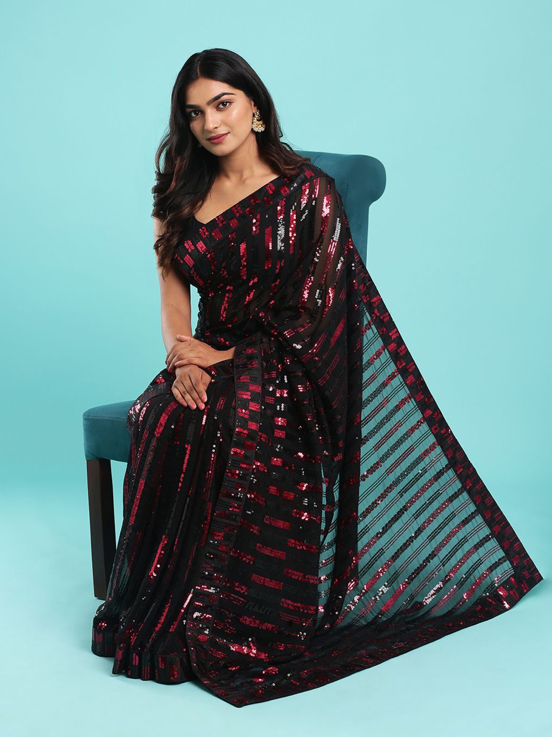

Kalyan Silks Embellished Sequinned Bagru Saree, Black