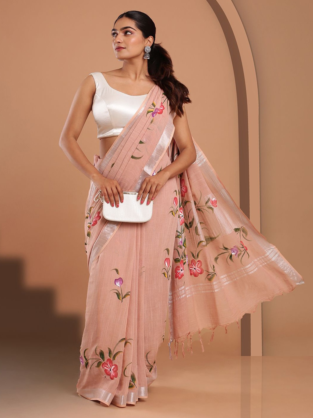 

Kalyan Silks Floral Printed Murshidabad silk Saree, Peach