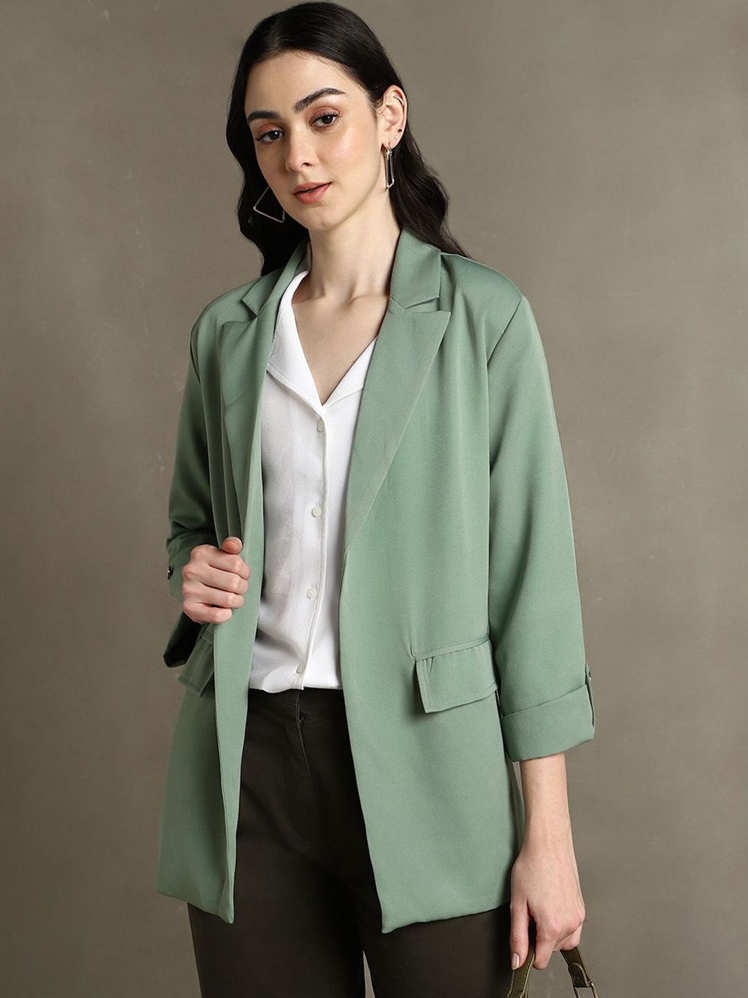 

DL Woman Notched Lapel Front Open Blazers, Green