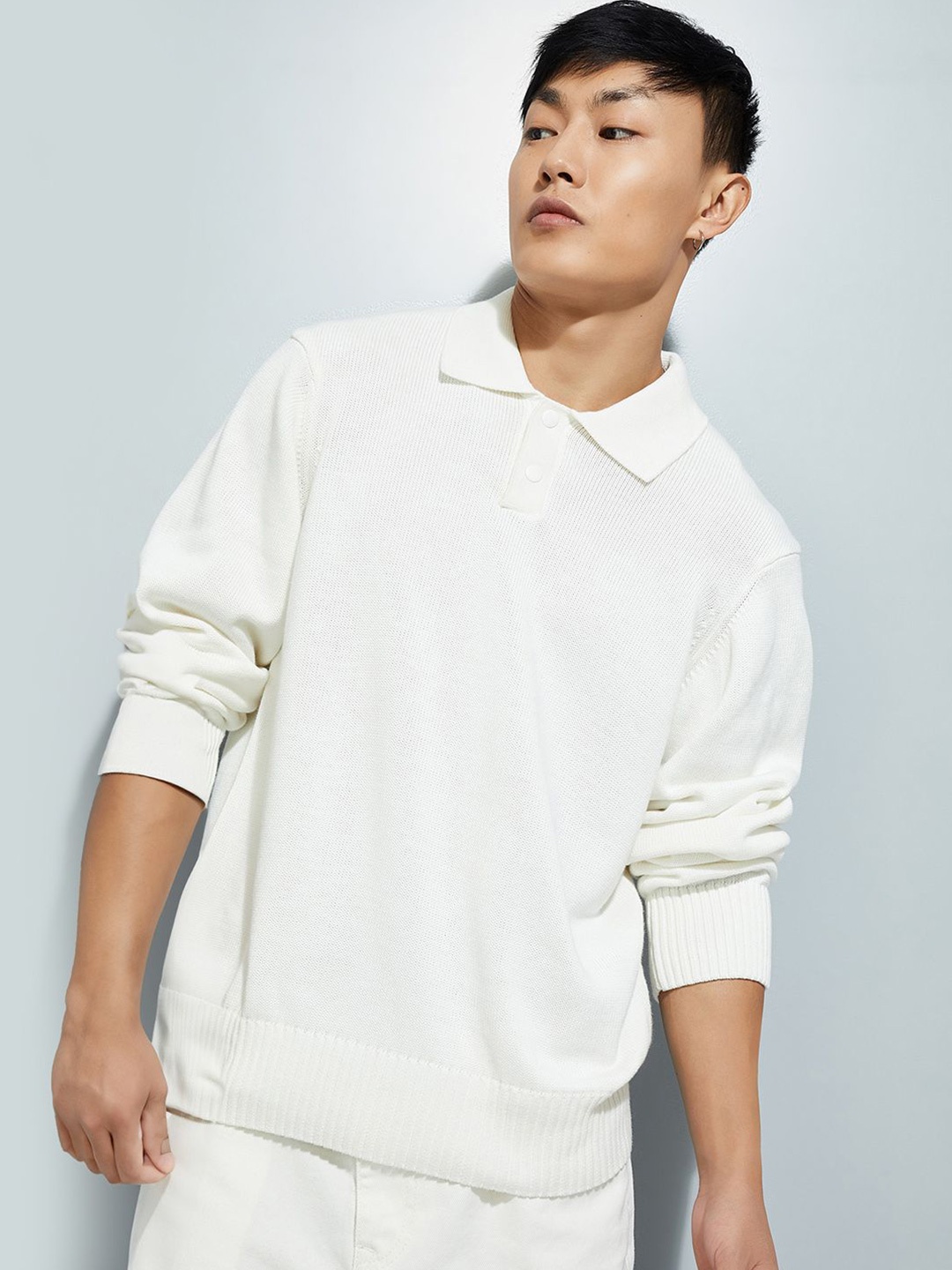 

Max Urb_N Men Solid Polo Collar Cotton Sweater, Off white