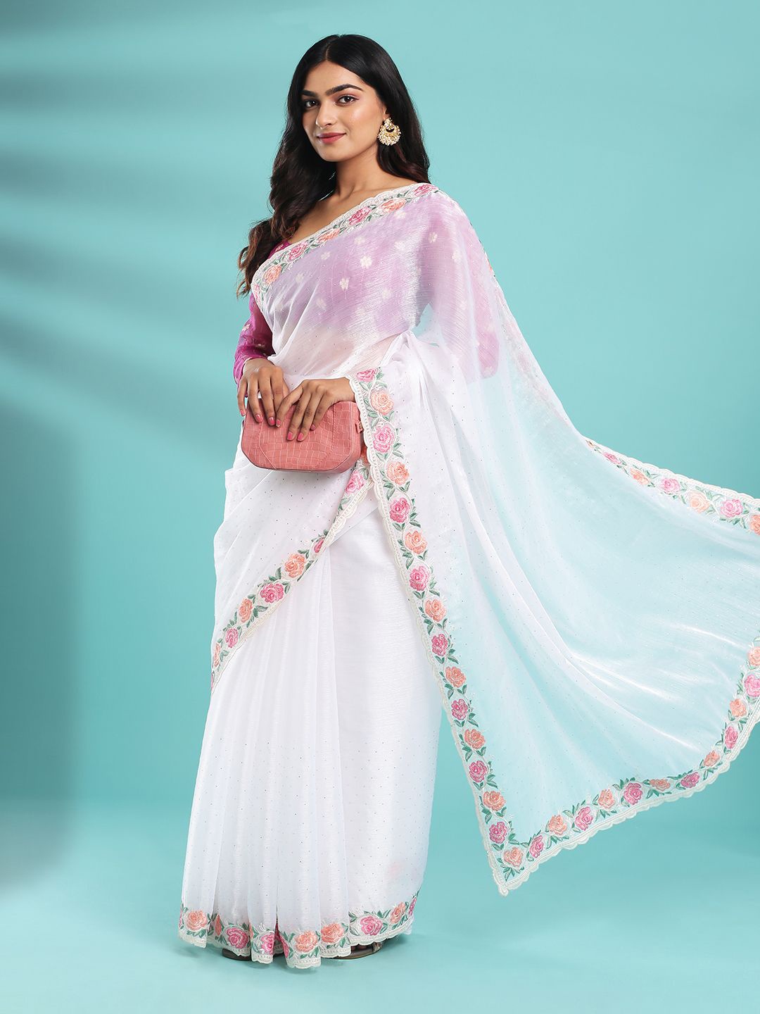 

Kalyan Silks Floral Embroidered Organza Jamdani Saree, White