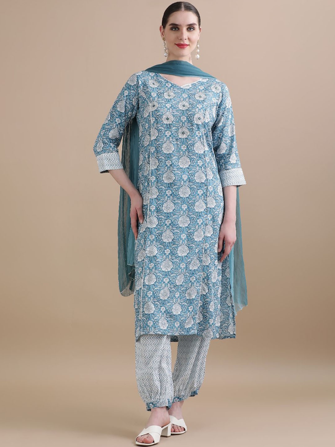 

Jaipur Kurti Blue V-Neck Floral Printed Mirror Work Straight Kurta with Salwar & Dupatta