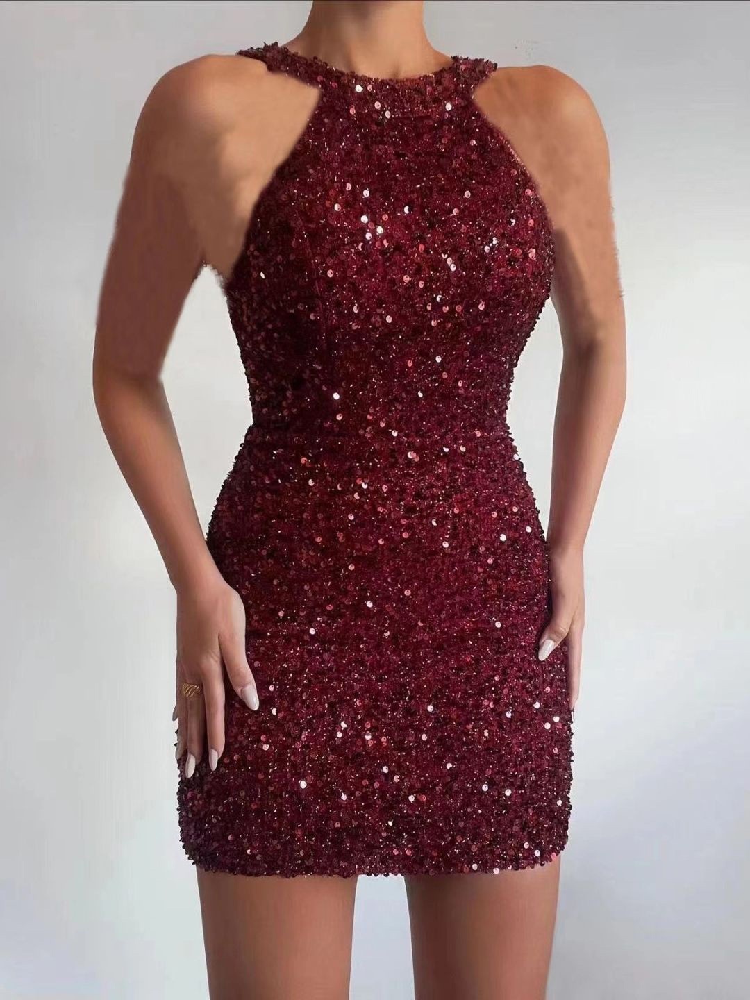 

StyleCast Women Round Neck Sleeveless Bodycon Mini Party Dress, Burgundy