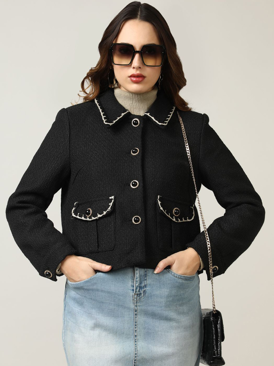 

Fort Collins Self Designed Women Single-Breasted Overcoat, Black