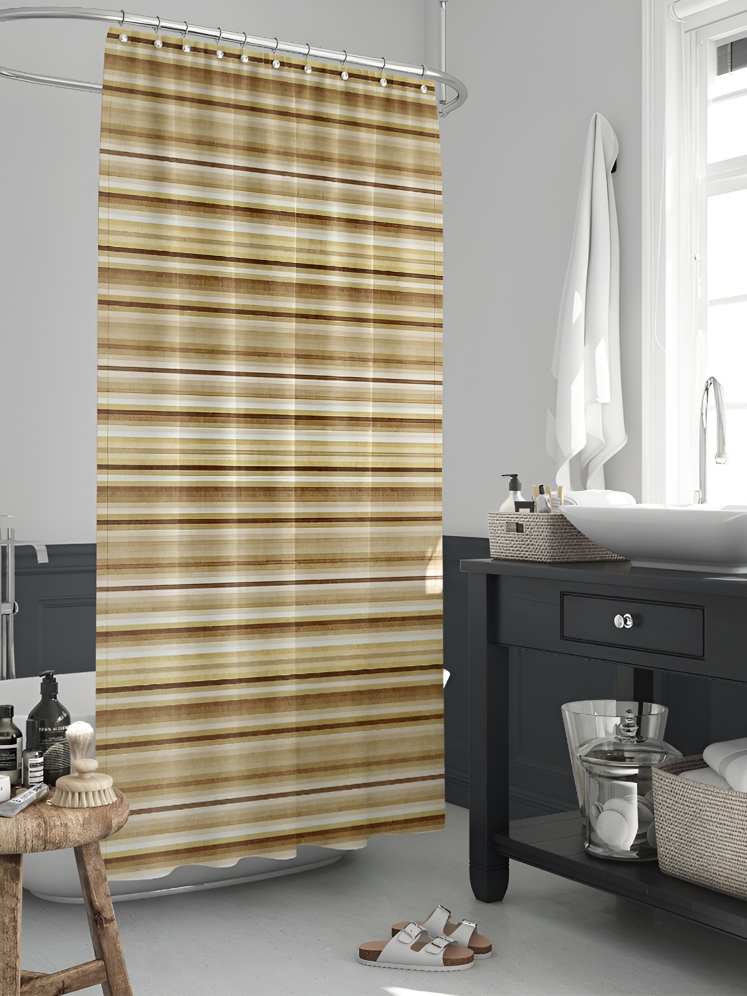 

ArtzFolio Brown & Beige Striped Waterproof Shower Curtain