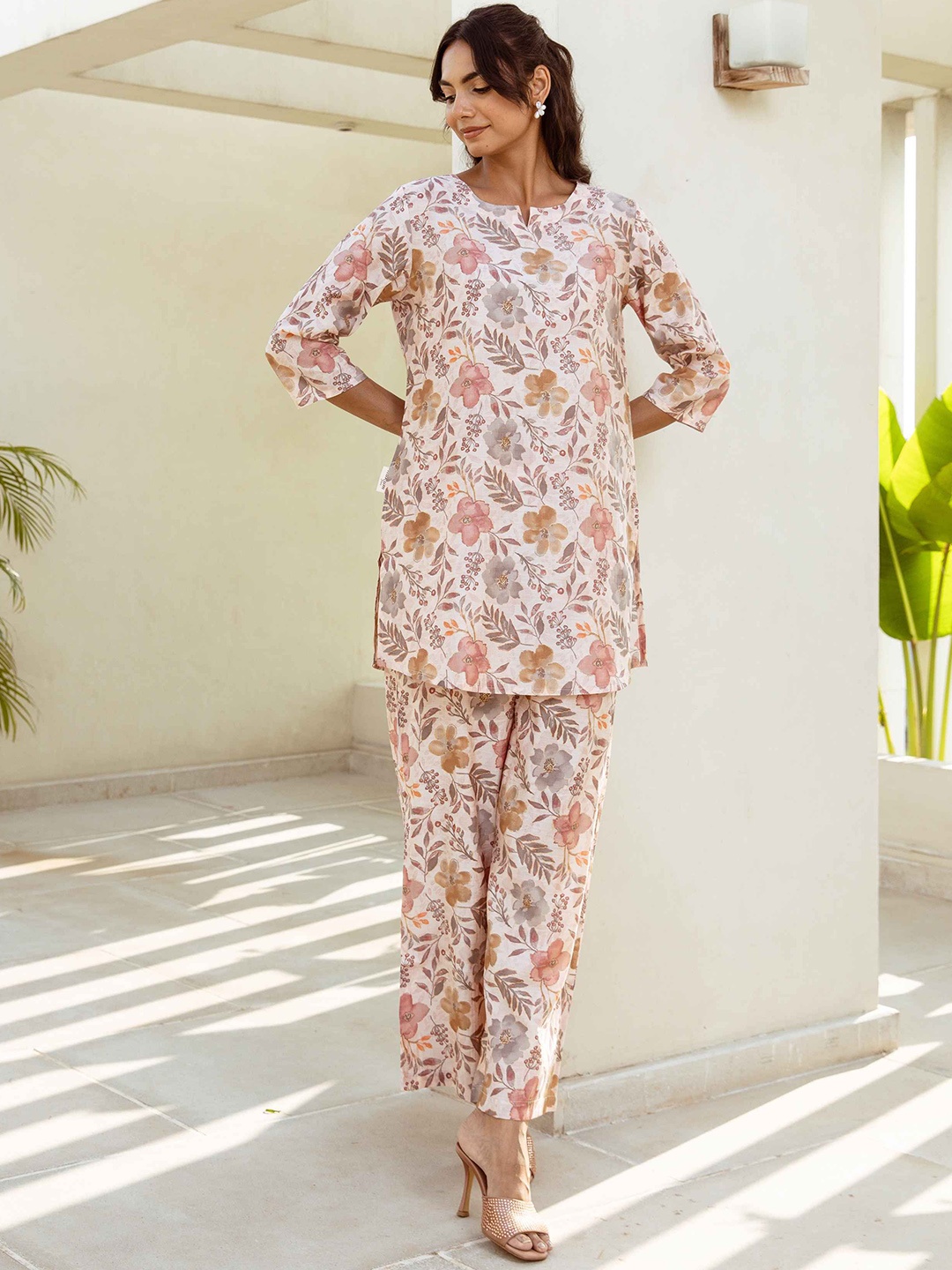 

HUKUM Floral Printed Pure Cotton Top with Palazzos, White