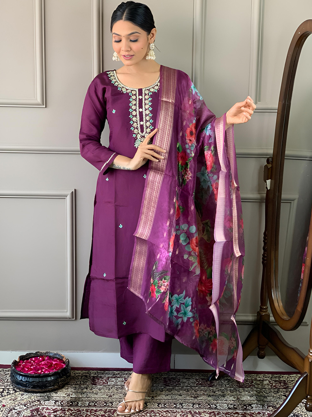 

KALINI Floral Embroidered Regular Chanderi Silk Straight Kurta with Trousers & Dupatta, Purple