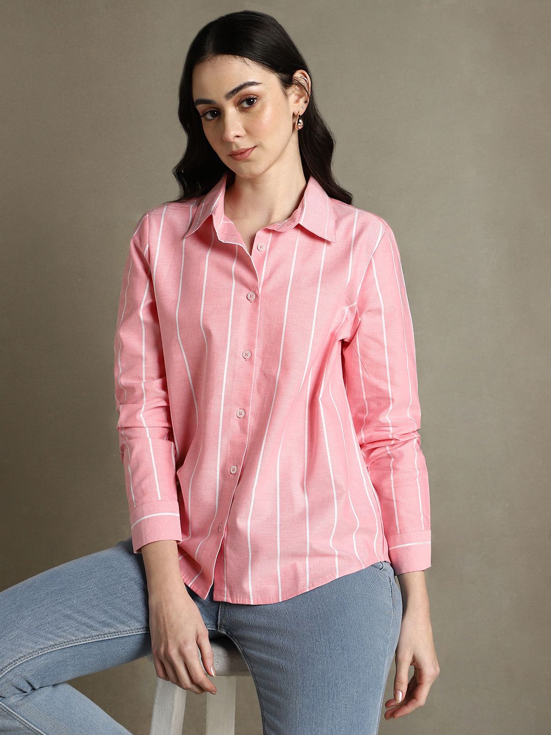 

DL Woman Spread Collar Vertical Striped Cotton Relaxed Fit Casual Shirt, Pink