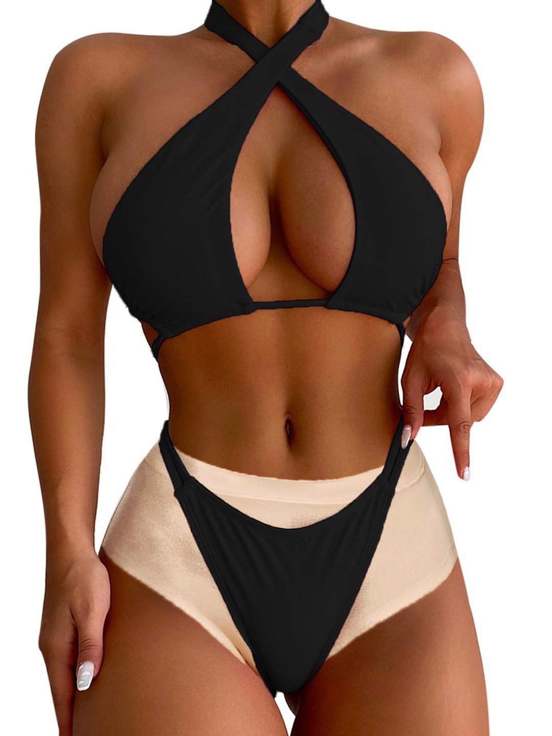 

VAGHBHATT Women Halter Neck Sleeveless Swim Bikini Set, Black