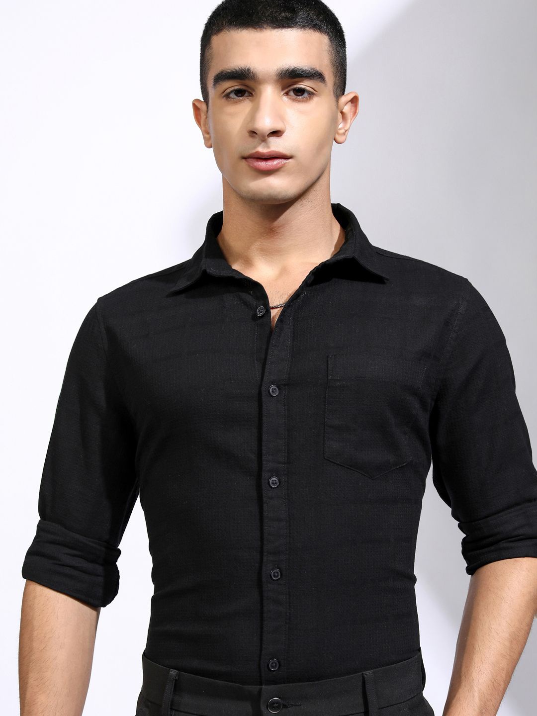 

HIGHLANDER Men Dobby Textured Solid Casual Shirt, Black