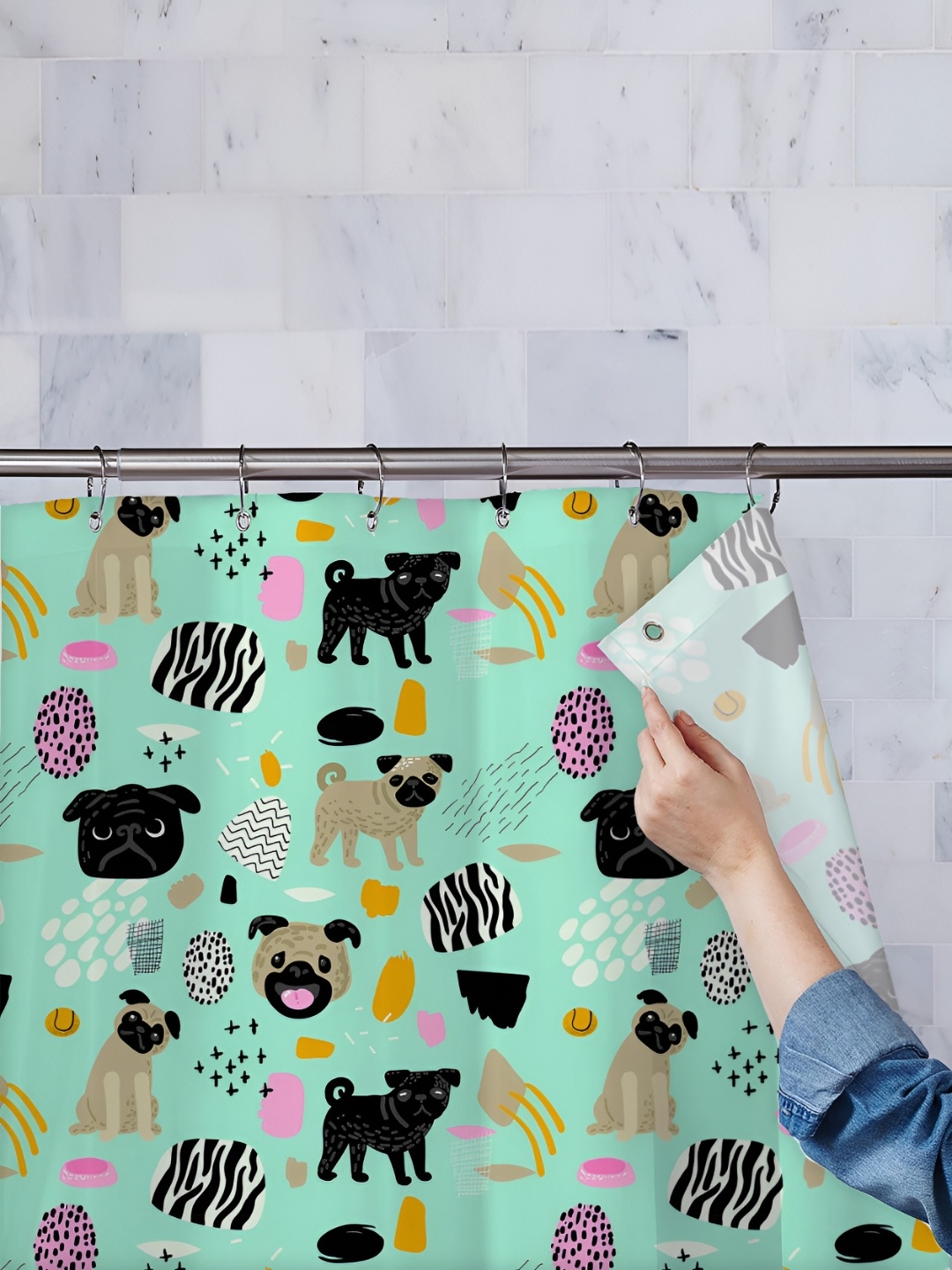 

ArtzFolio Gren & Black Printed Waterproof Shower Curtain, Green