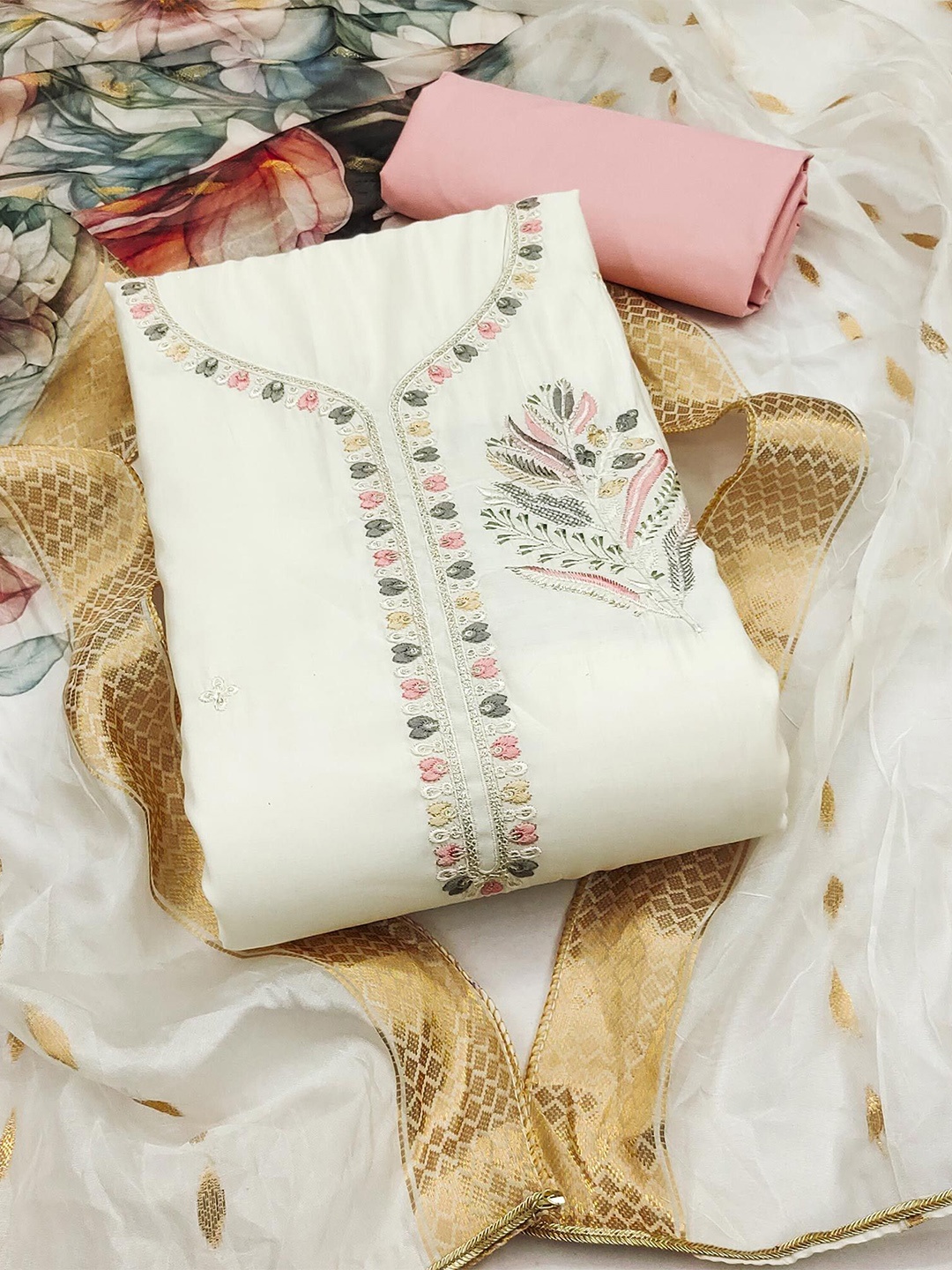 

Peachmode Floral Embroidered Cotton Silk Unstitched Dress Material, Off white