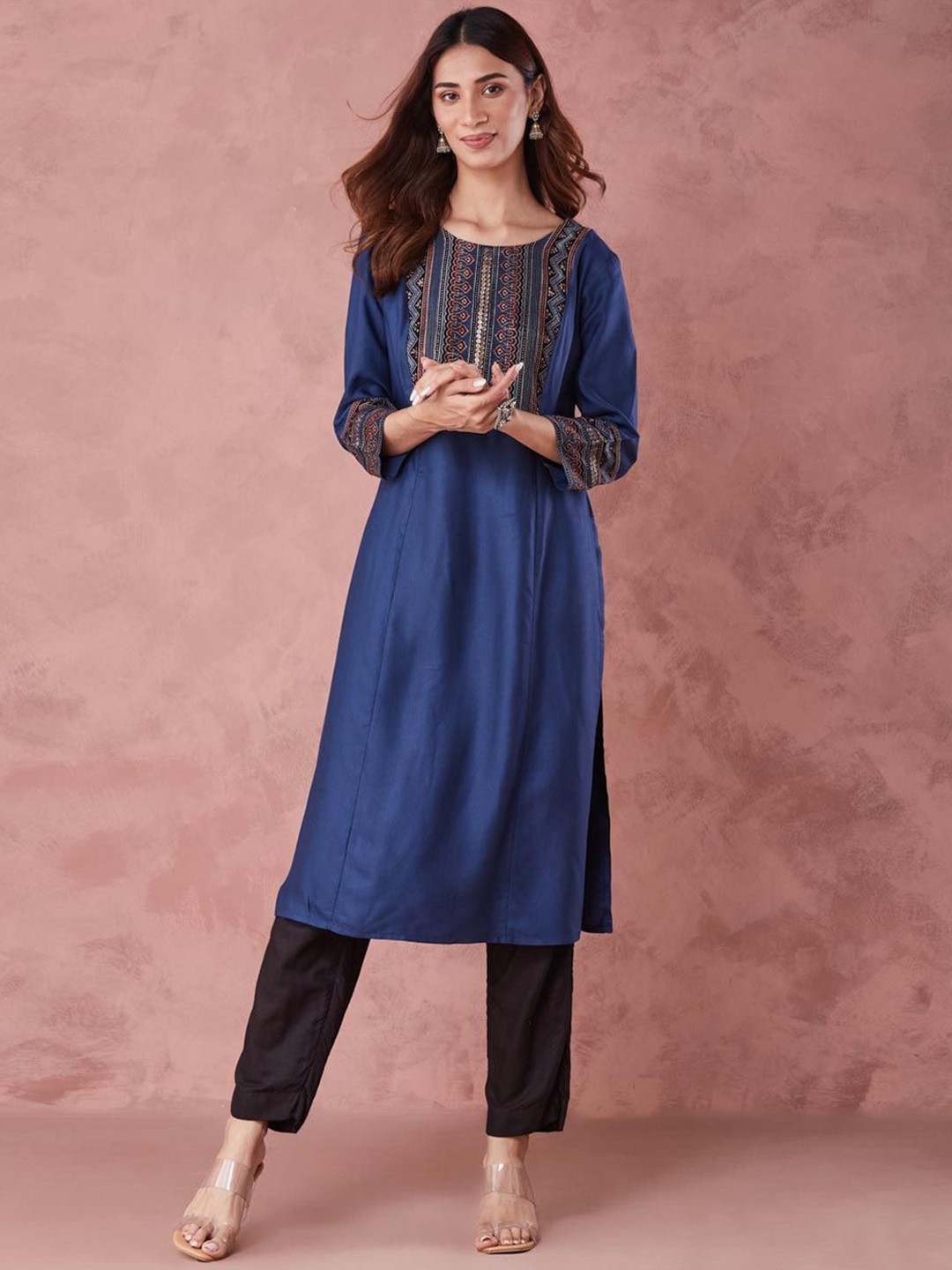 

Fabindia Ethnic Motifs Printed Sequins Regular Straight Kurta, Navy blue