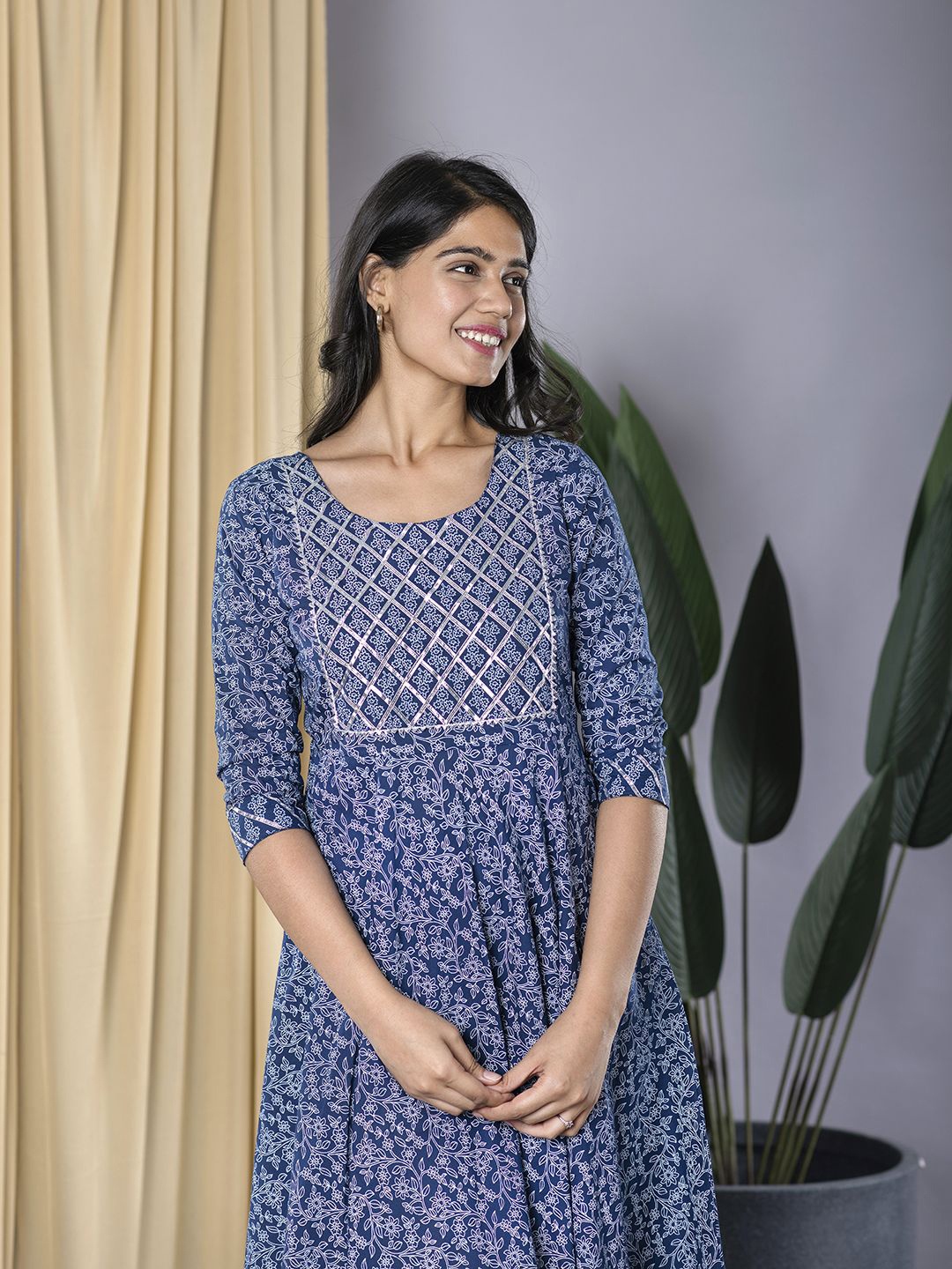 

KALINI Women Cotton Floral Printed Fit and Flare Midi Dress, Navy blue