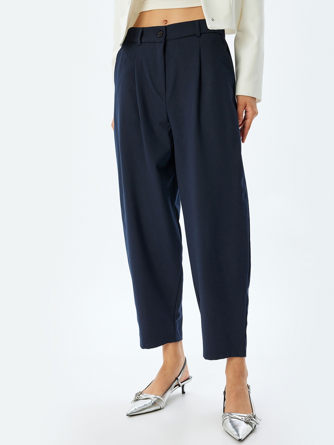 

Koton Women Mid-Rise Pleated Trousers, Navy blue