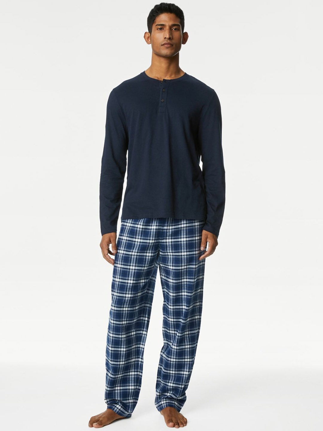 

Marks & Spencer Men Cotton Checked Night suit, Blue