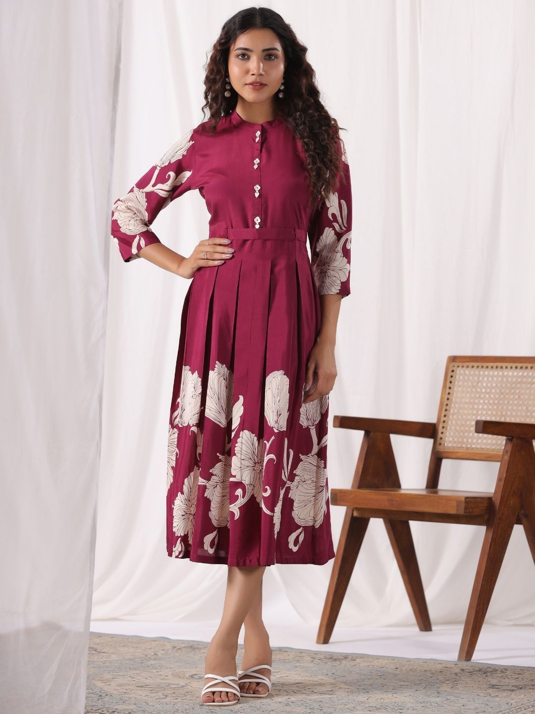 

Kaftanize Floral Printed Shirt Collar A-Line Midi Dress, Maroon