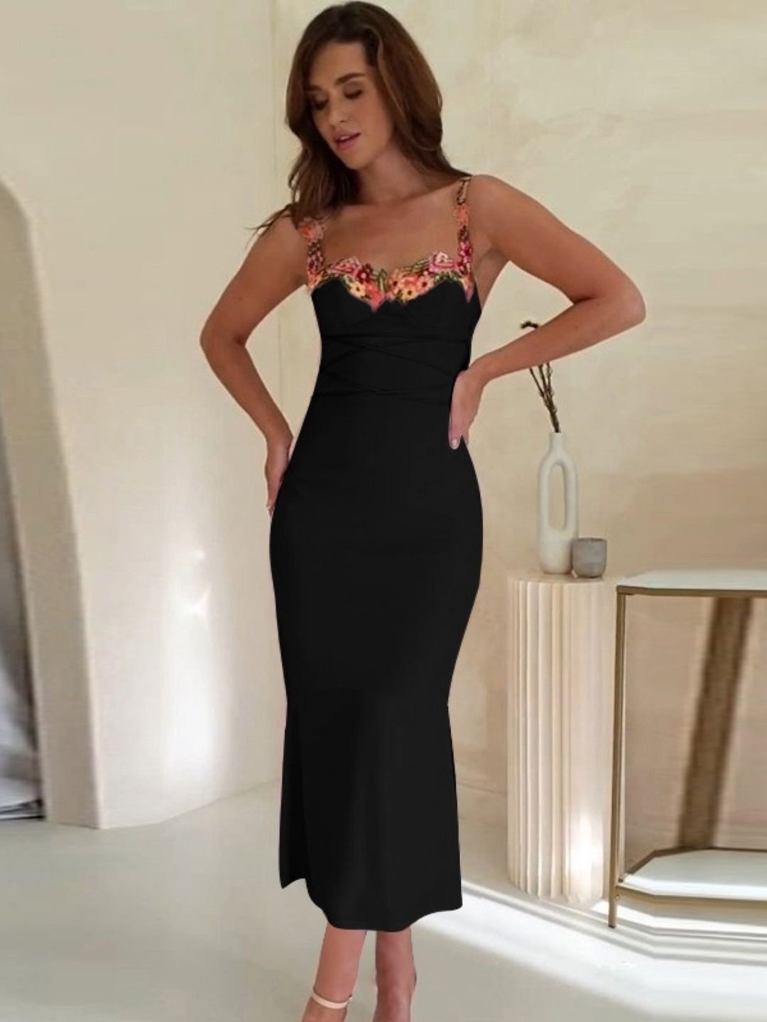 

KPOP Women Floral Printed Gathered Bodycon Midi Dress, Black