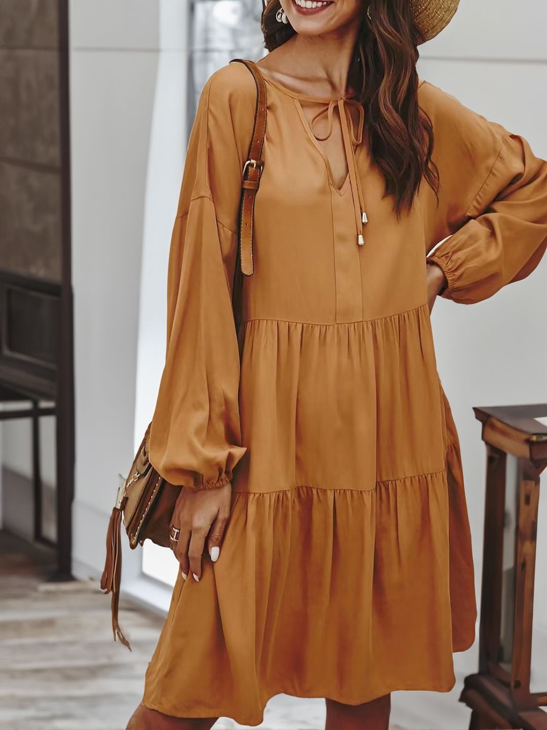 

StyleCast Women Tie-Up Neck Puff Sleeve A-Line Dress, Brown