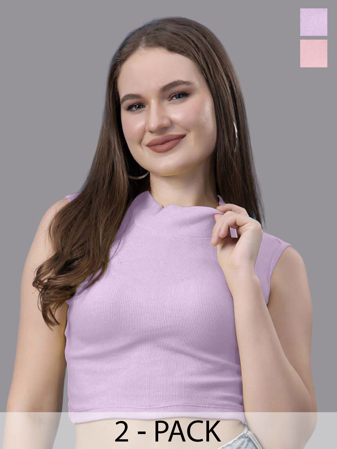 

Friskers Pack Of 2 Women Cotton Sleeveless High Neck Crop Top, Purple
