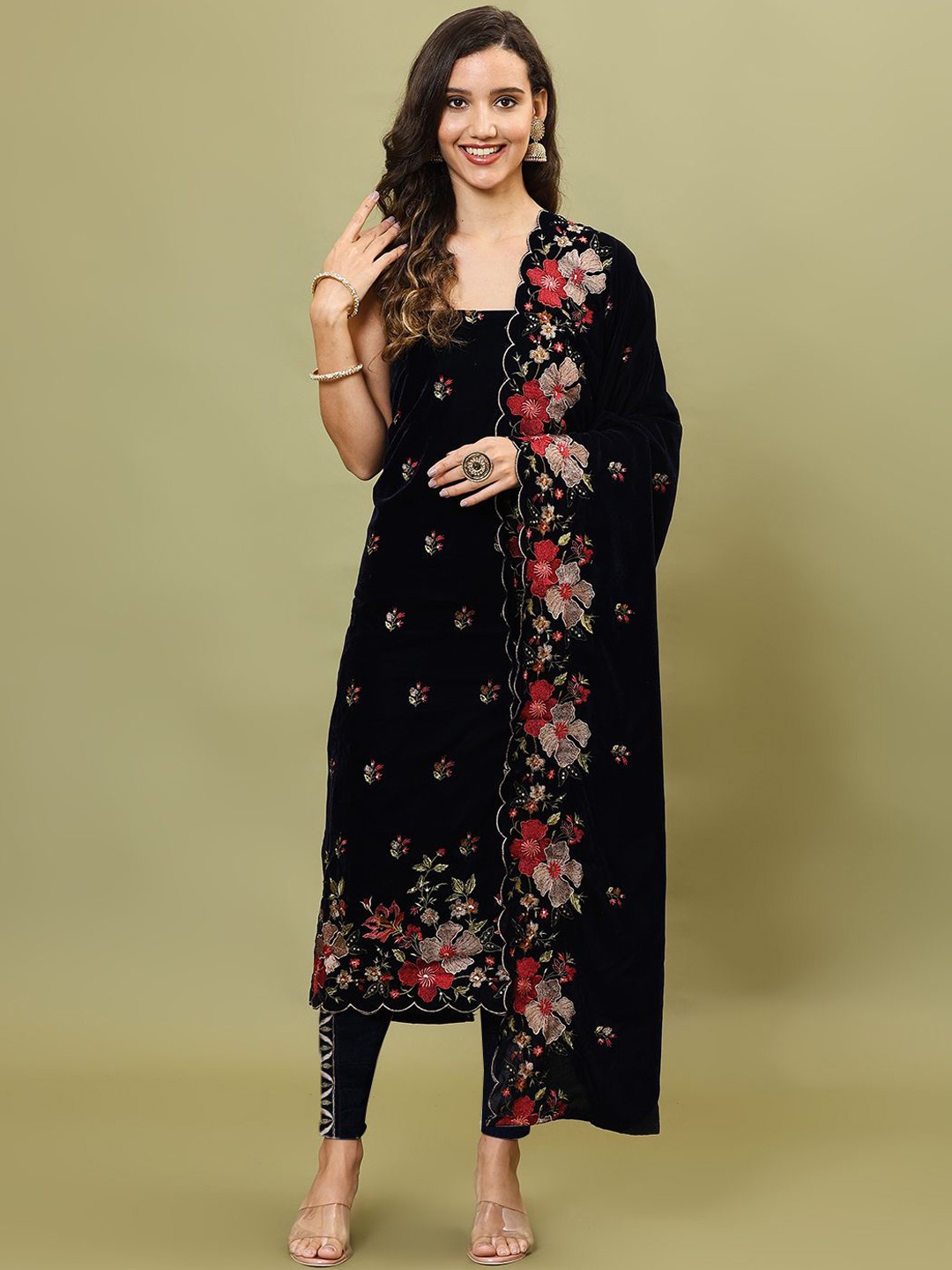 

Meena Bazaar Floral Embroidered Sequinned Velvet Unstitched Dress Material, Navy blue