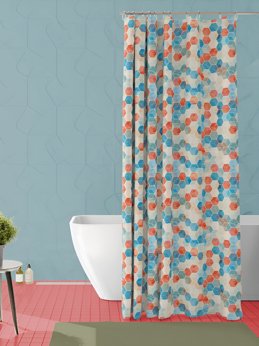 

ArtzFolio Beige & Blue Printed Waterproof Shower Curtain