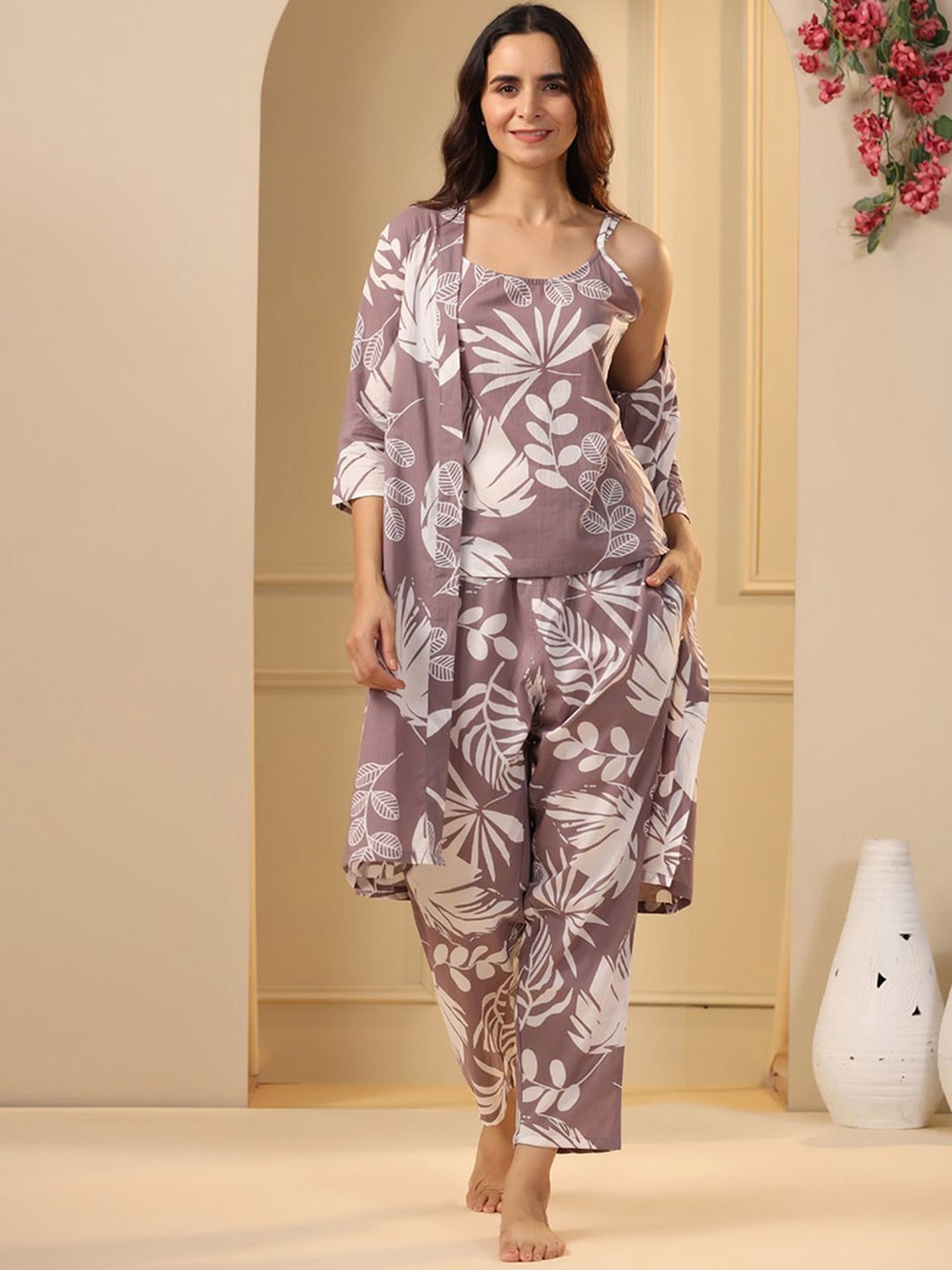 

BAESD Women Tropical Printed Night Suit, Grey