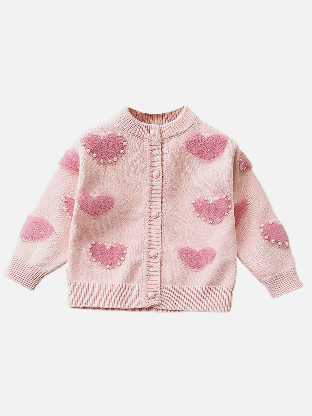 

Little Surprise Box LLP Kids Geometric Self Design Cardigan Sweater, Pink