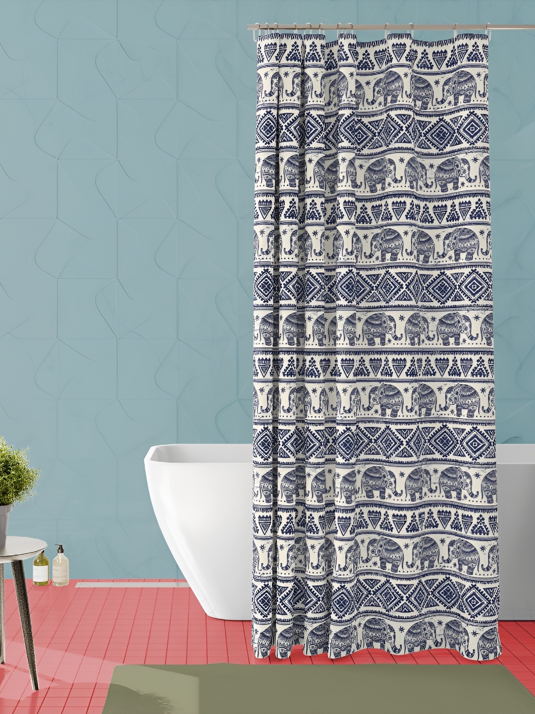 

ArtzFolio Navy Blue & White Printed Waterproof Shower Curtain