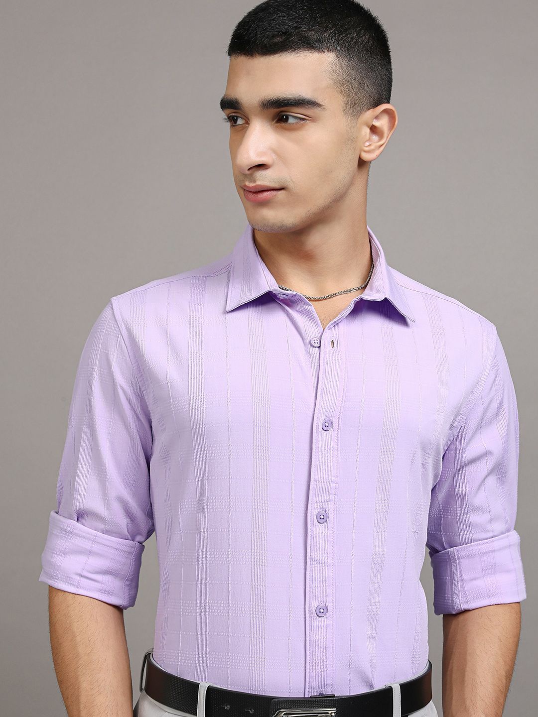 

HIGHLANDER Men Dobby Textured Striped Day Occasion Shirt, Lavender