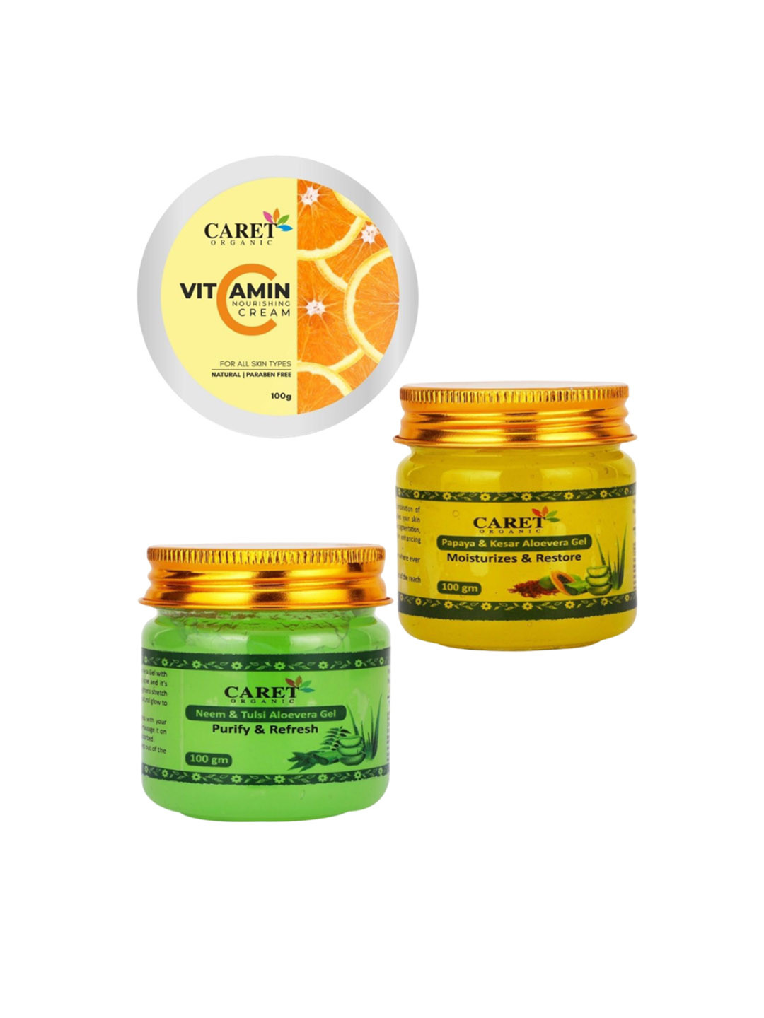 

CARET ORGANIC Set of 3 Vitamin C Cream, Papaya Kesar Gel & Neem Tulsi Aloevera Gel, White
