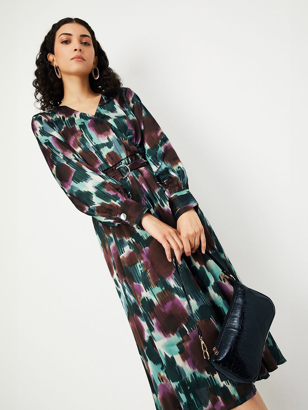 

max Women Abstract Print Cuffed Sleeve A-Line Midi Dress, Green