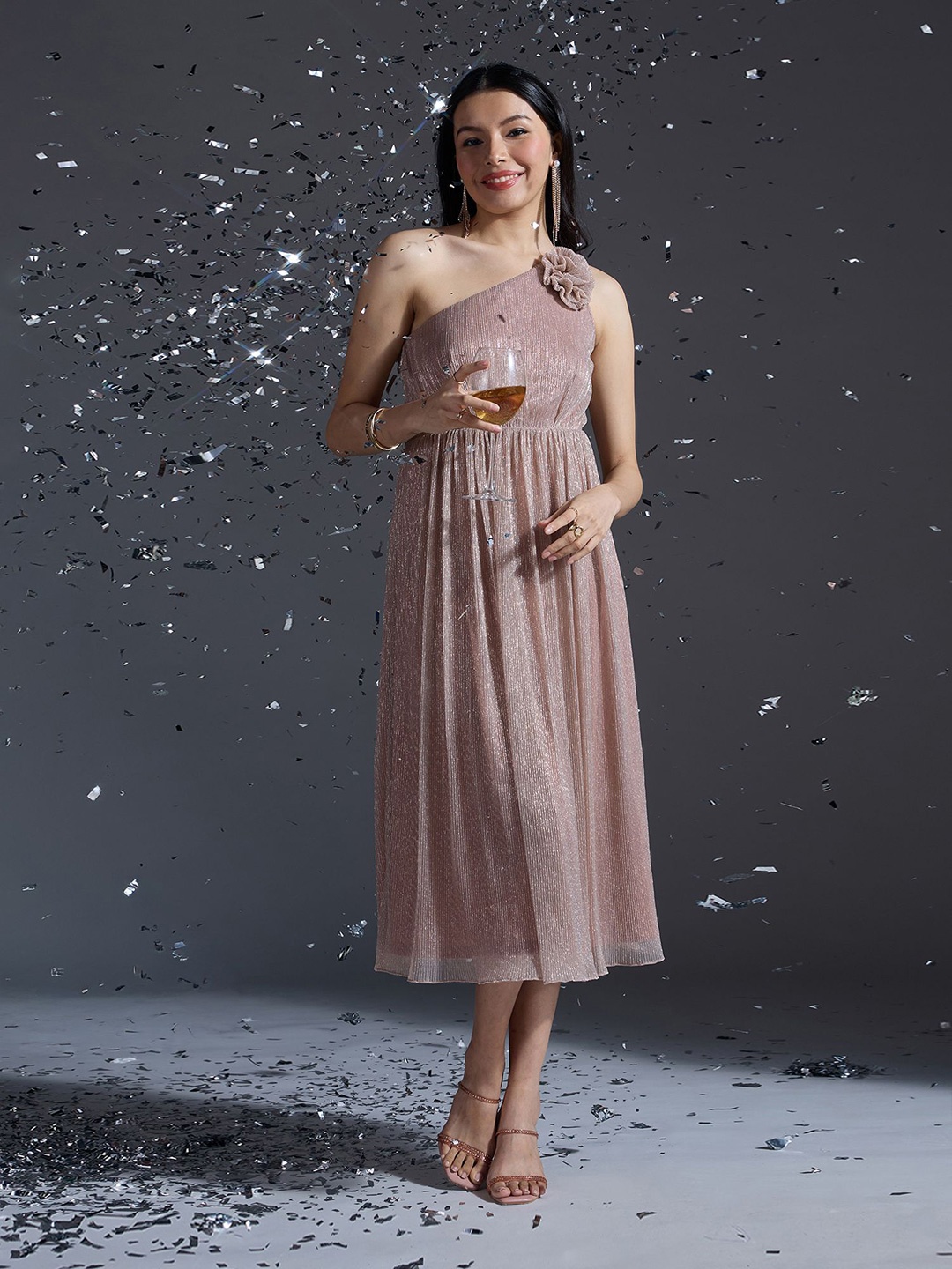 

20Dresses Women Self Design Fit & Flare Midi Dress, Rose gold