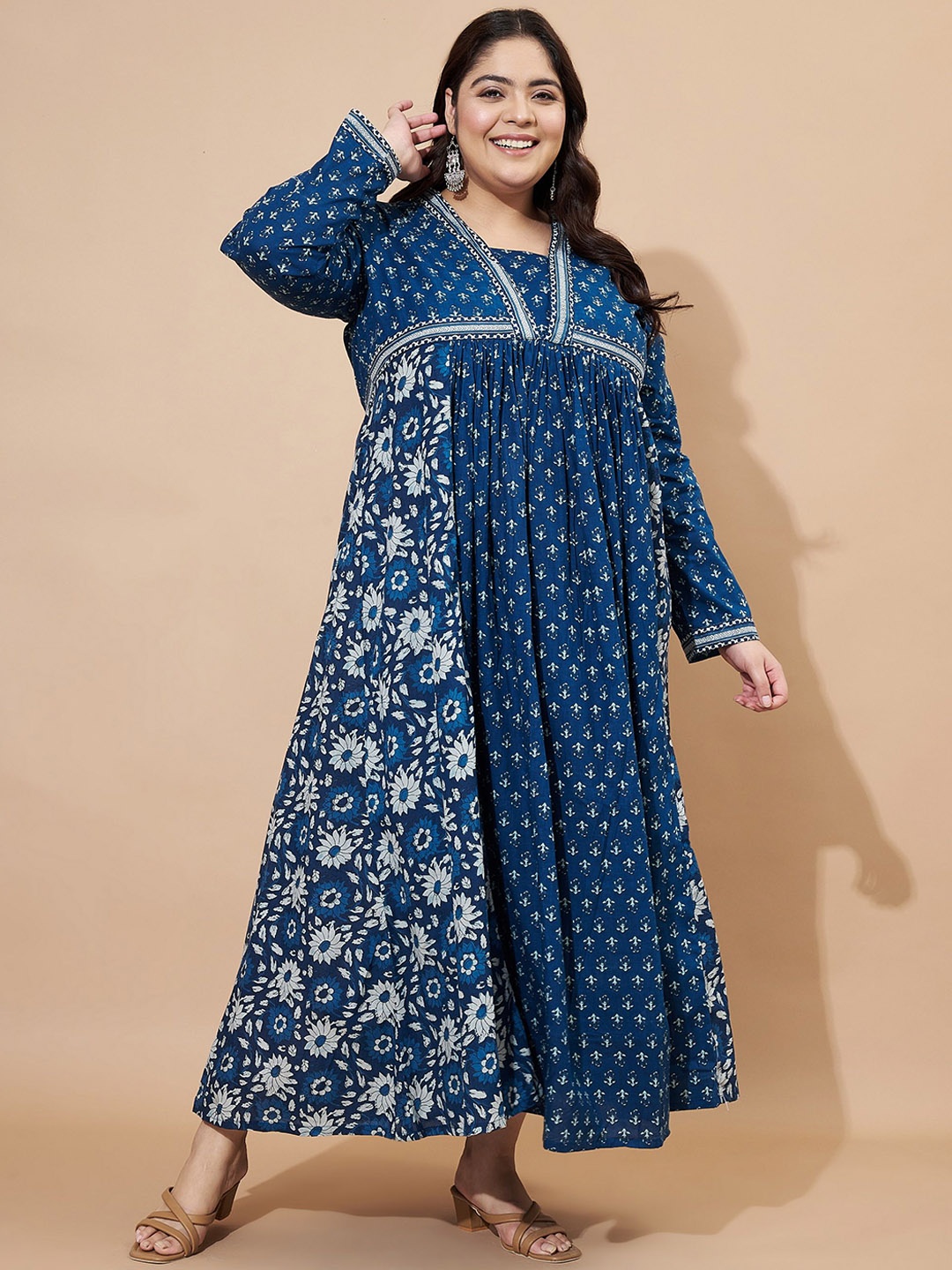 

Vbuyz Plus Floral Printed Square Neck Cotton Maxi Ethinic Dress, Blue