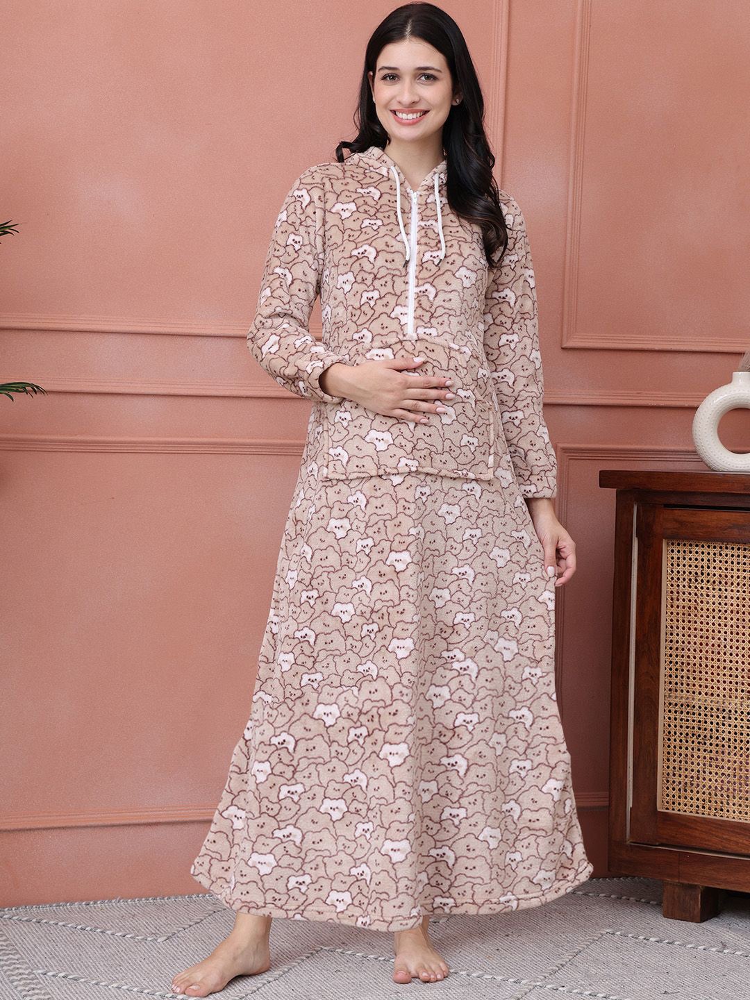 

Secret Wish Women Cartoon Characters Printed Fur Woolen Maternity Maxi Nightdress, Beige