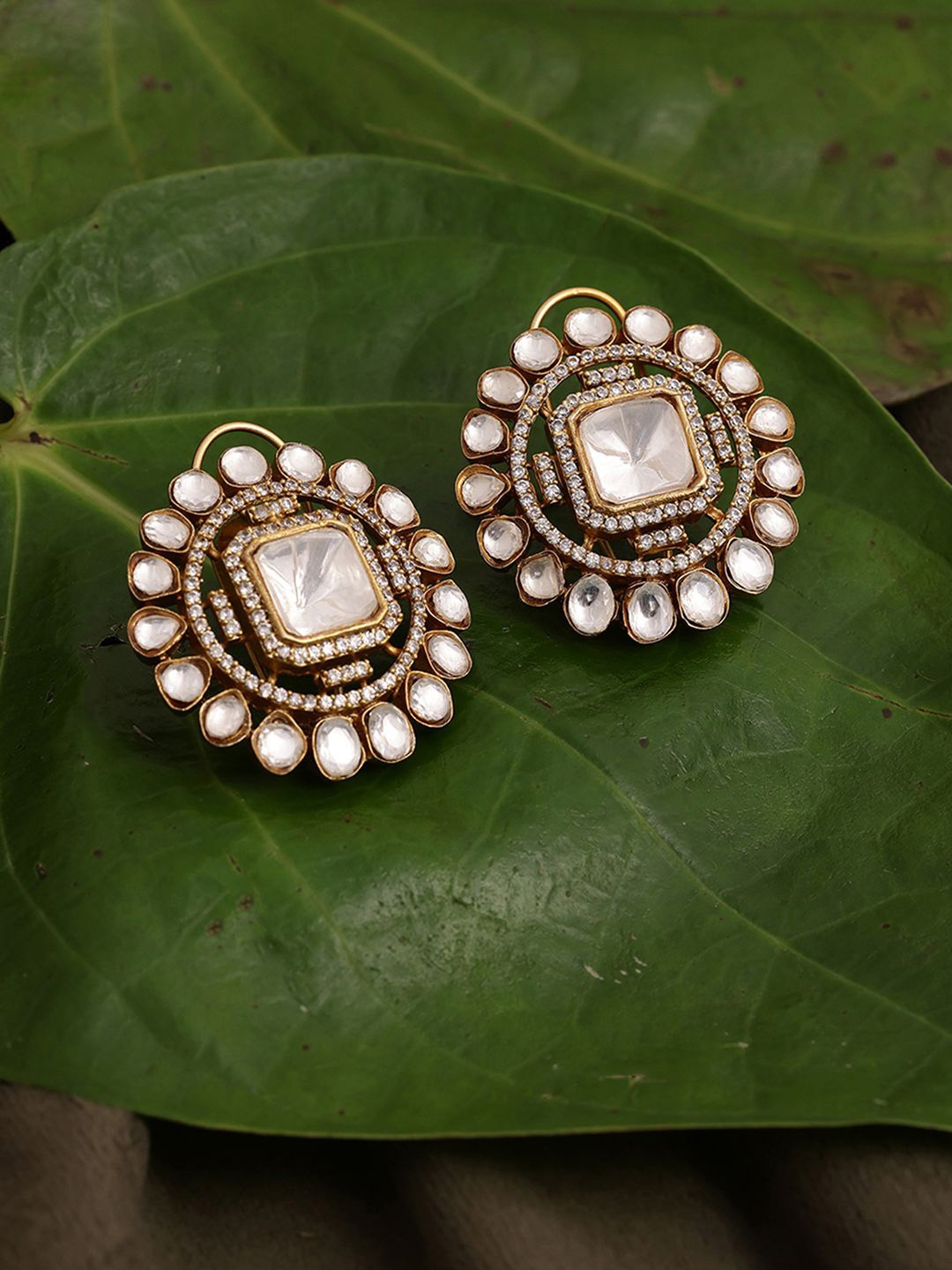 

Ruby Raang Gold-Plated Kundan Studded Contemporary Oversized Round Studs