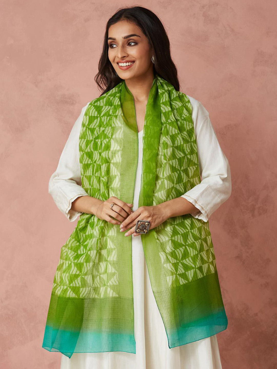 

Fabindia Printed Cotton Silk Stole, Green