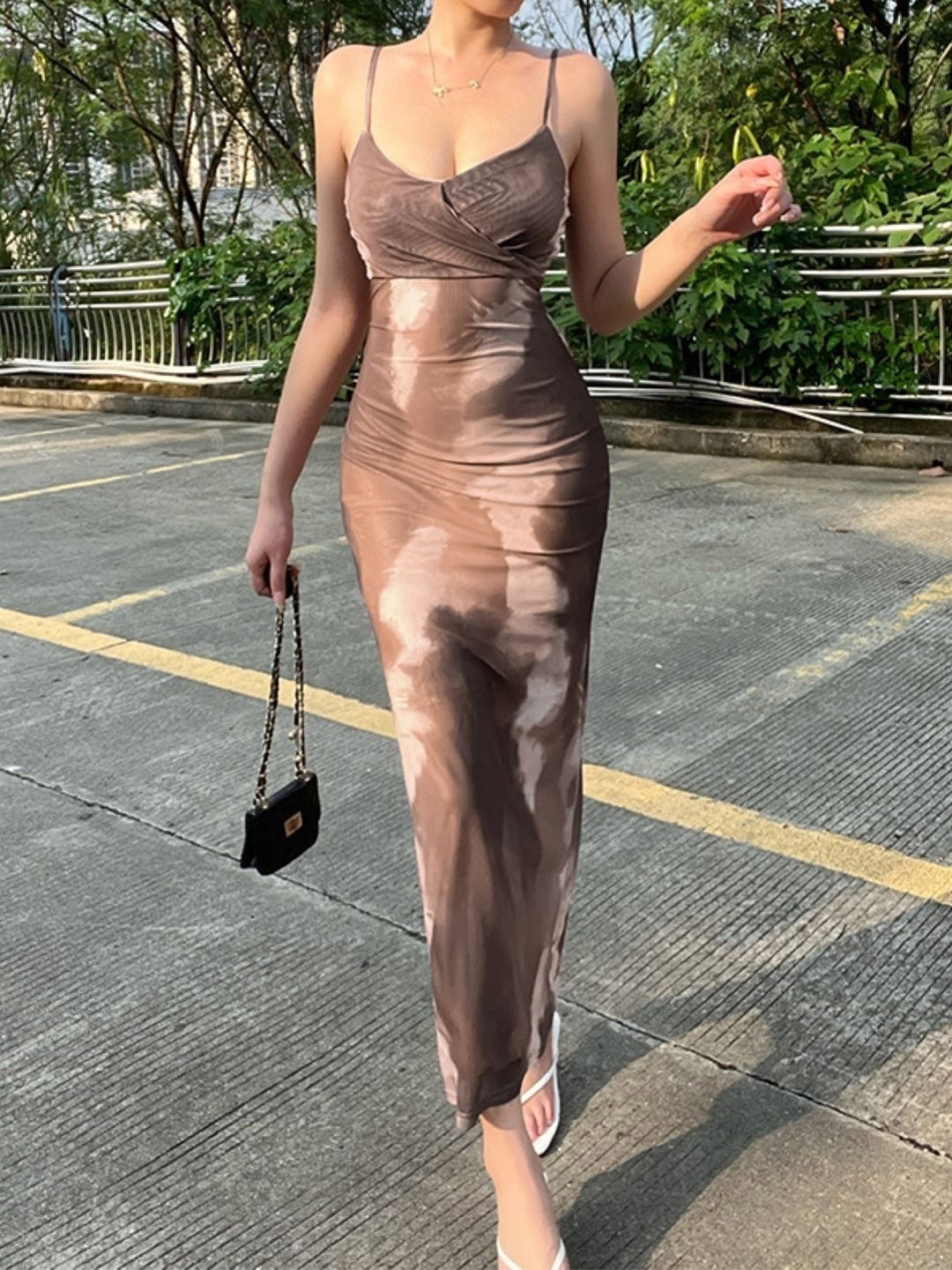 

KPOP Women Printed Bodycon Maxi Dress, Brown
