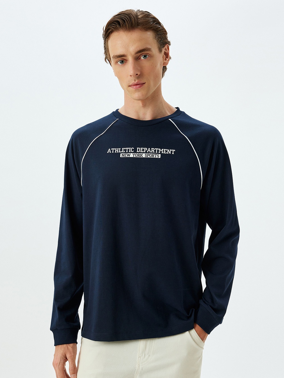 

Koton Men Typography Printed Round Neck Cotton T-shirt, Navy blue
