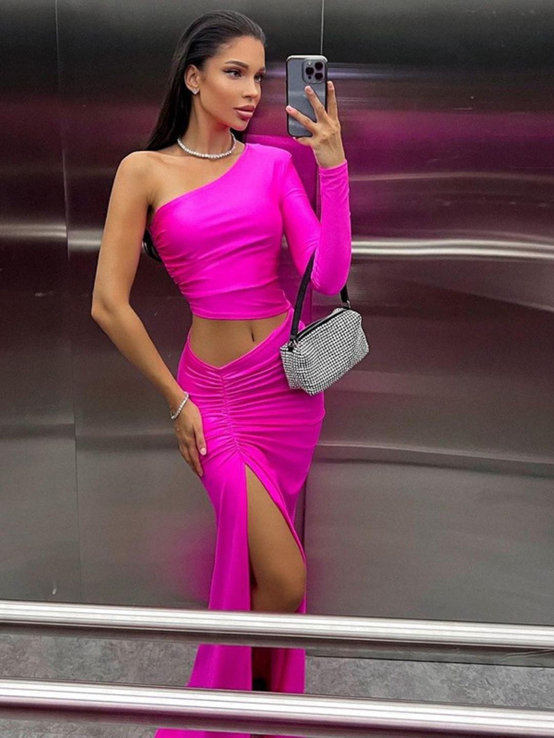 

KPOP Women One Shoulder Bodycon Maxi Dress, Pink