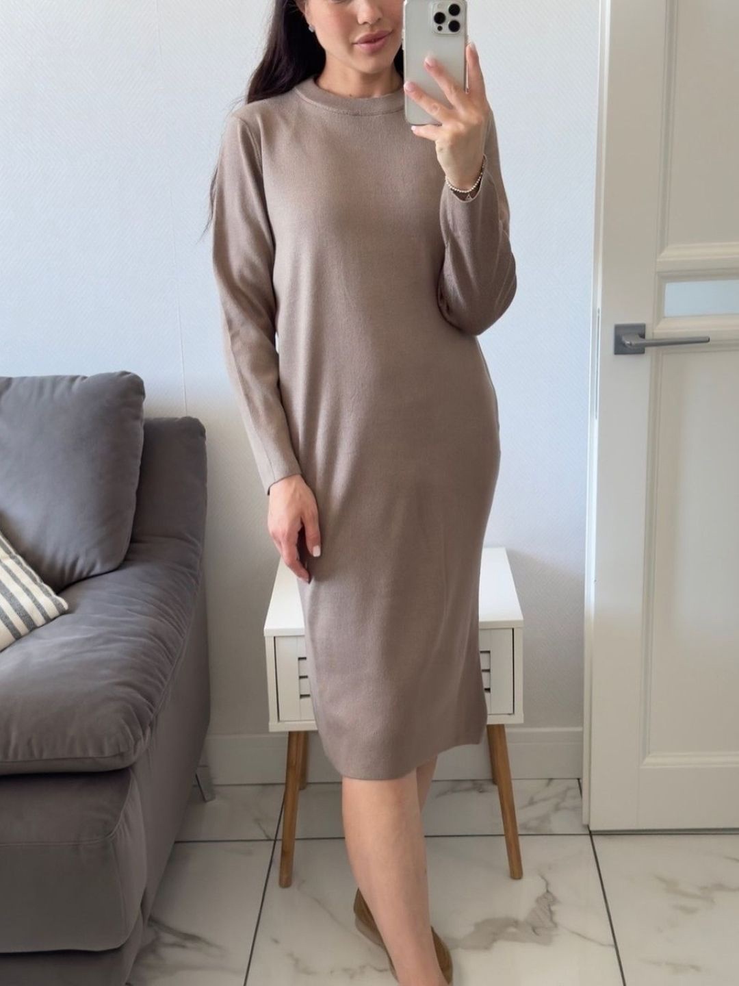 

HERE&NOW Women Round Neck Knee Length Long Sleeves A-Line Dress, Brown