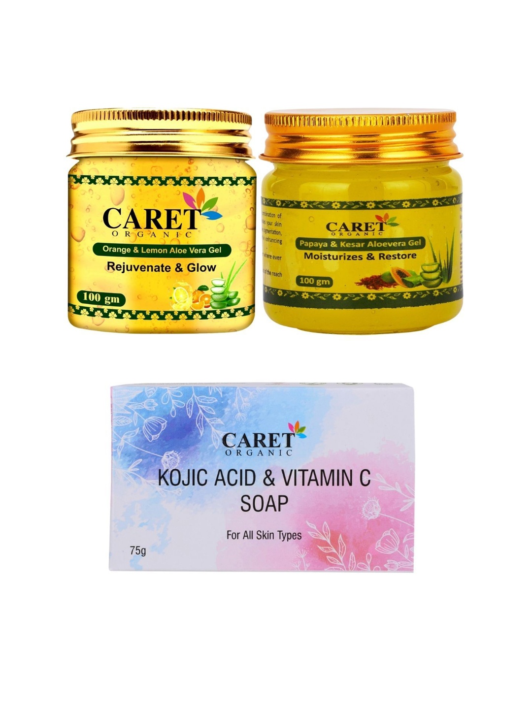 

CARET ORGANIC Set Of 3 Orange Aloevera Gel With Papaya Aloevera Gel & Soap, White