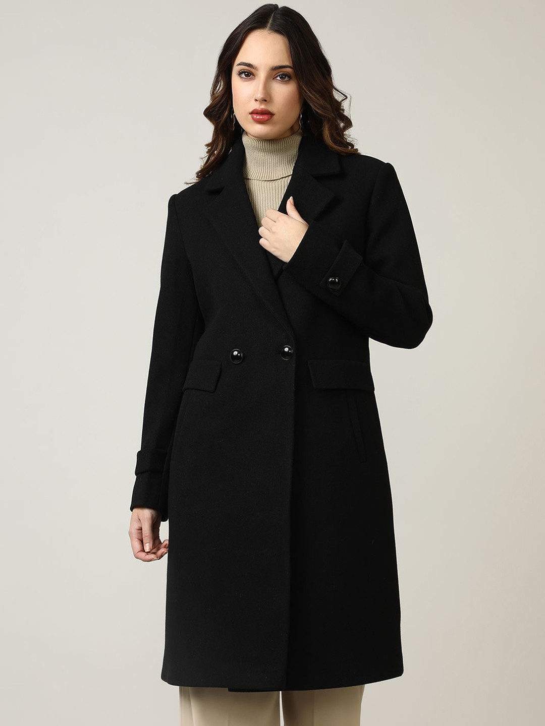 

Fort Collins Women Woollen Single-Breasted Longline Trench Coat, Black