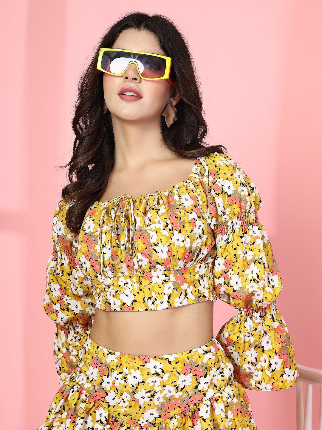 

Oomph! Women Floral Printed Bell Sleeve Blouson Crop Top, Yellow