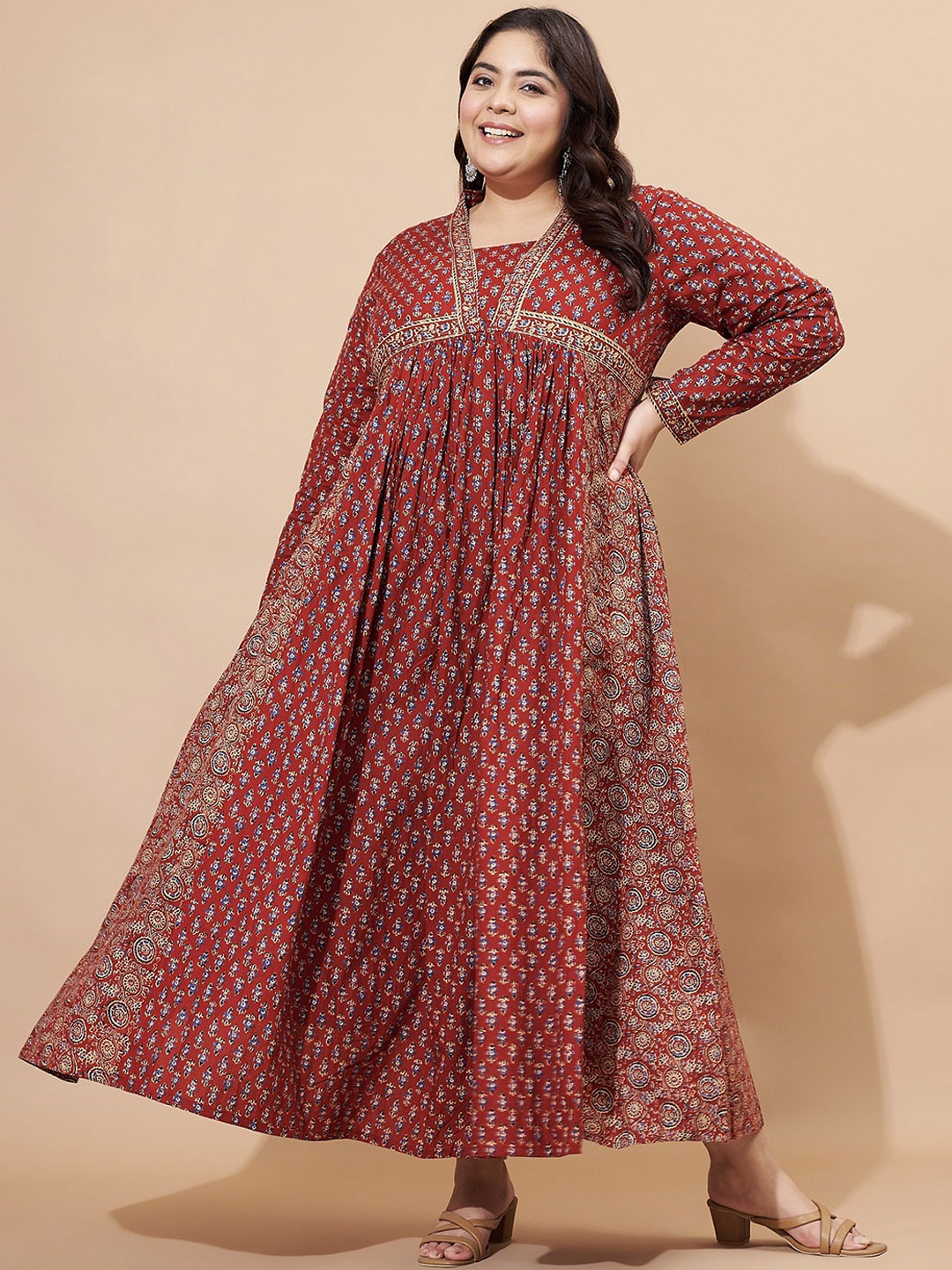

Vbuyz Plus Floral Printed Square Neck Cotton Maxi Ethinic Dress, Red