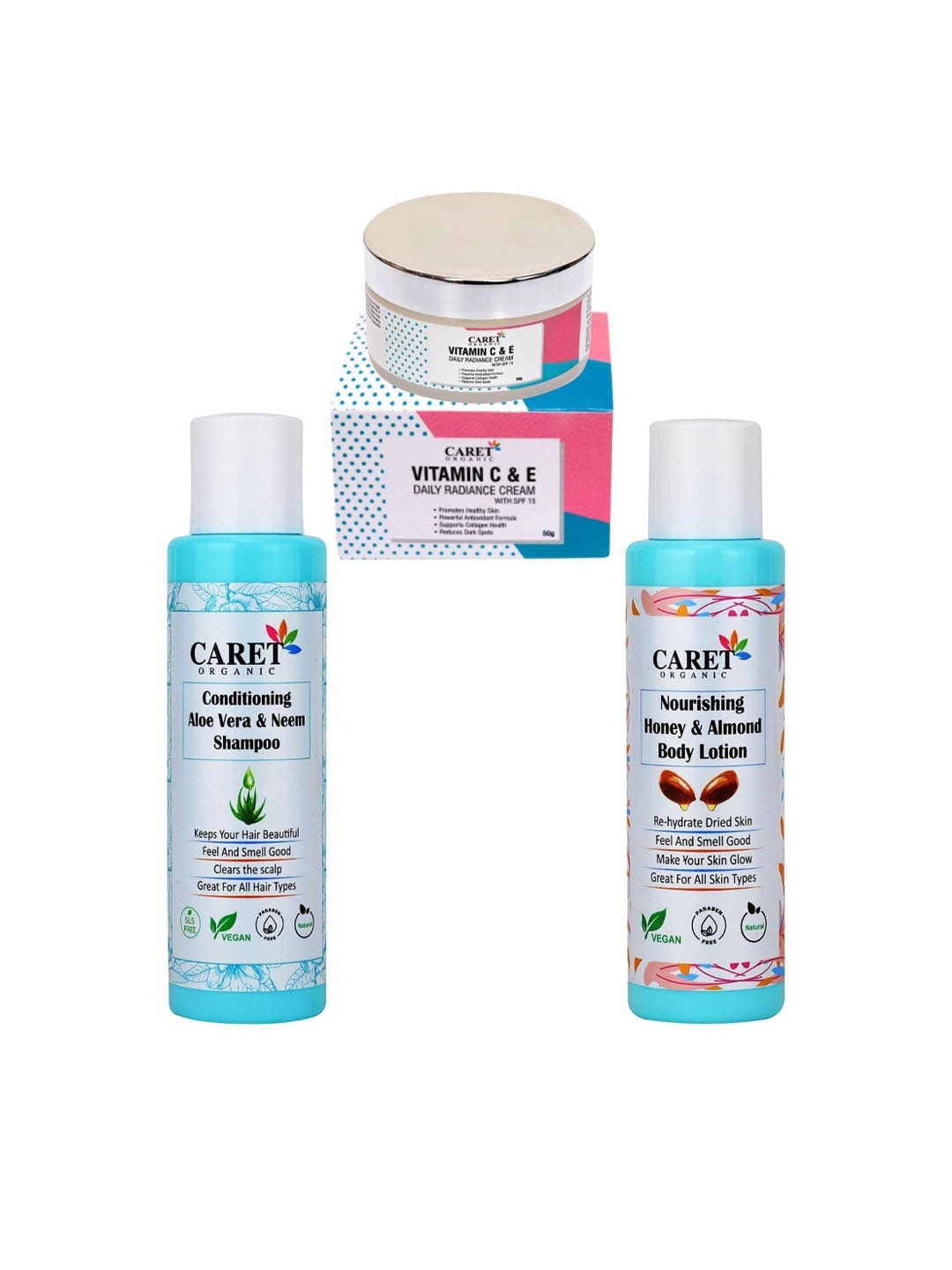 

CARET ORGANIC Set Of 3 Vitamin C Radiance Cream, Neem Shampoo & Almond Body Lotion, White