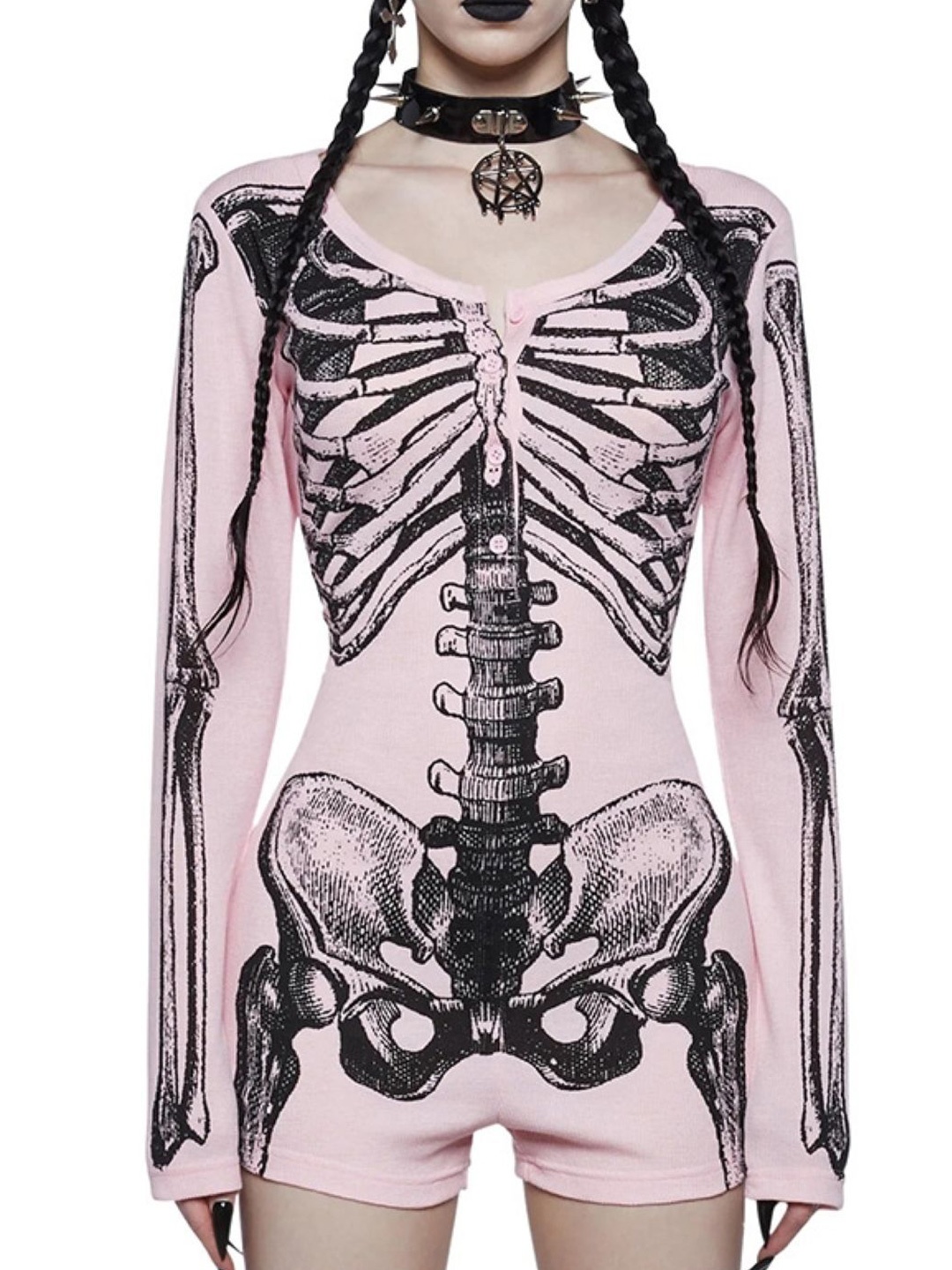 

KPOP Women Printed Round Neck Long Sleeves Playsuit, Pink
