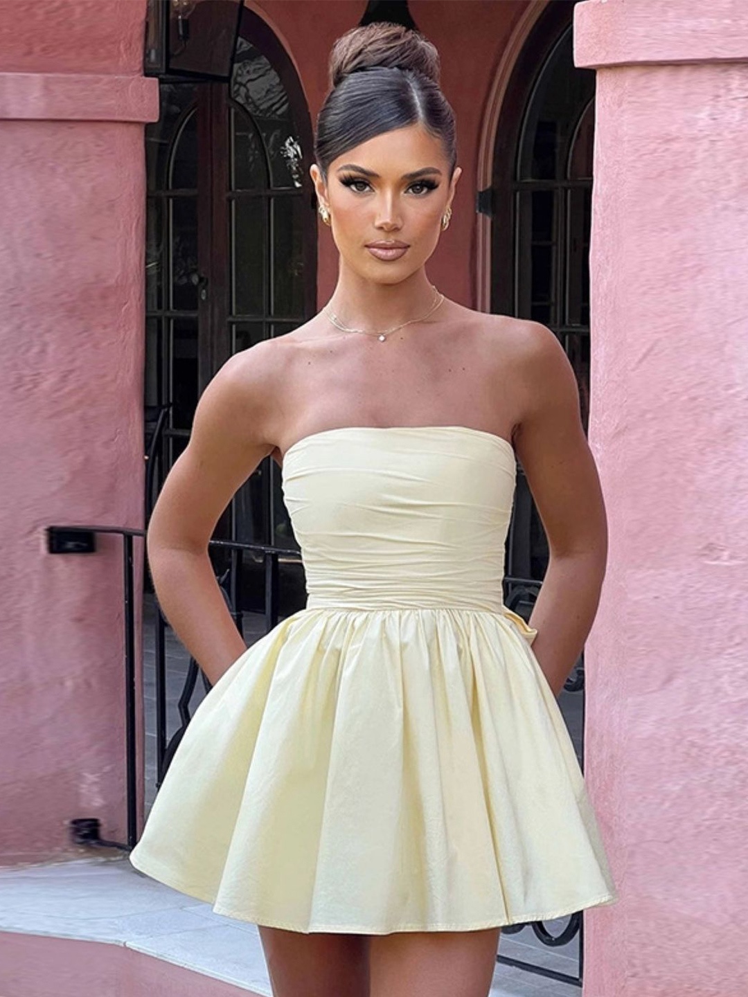 

KPOP Strapless Bandeau Mini Dress, Khaki